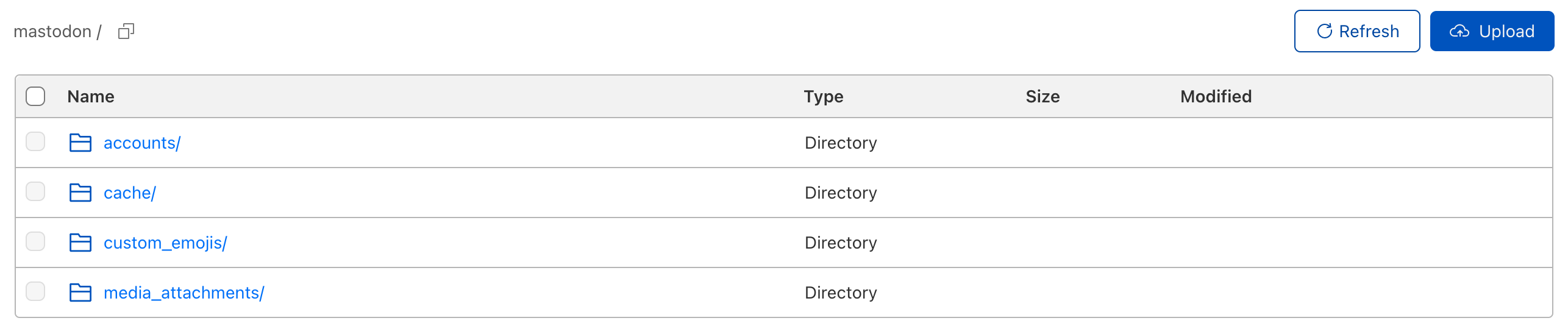 Mastodon bucket structure after instance is set up and running